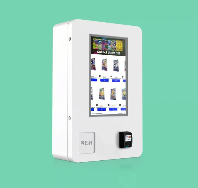 Mini TCG compact white cabinet with touchscreen and card reader