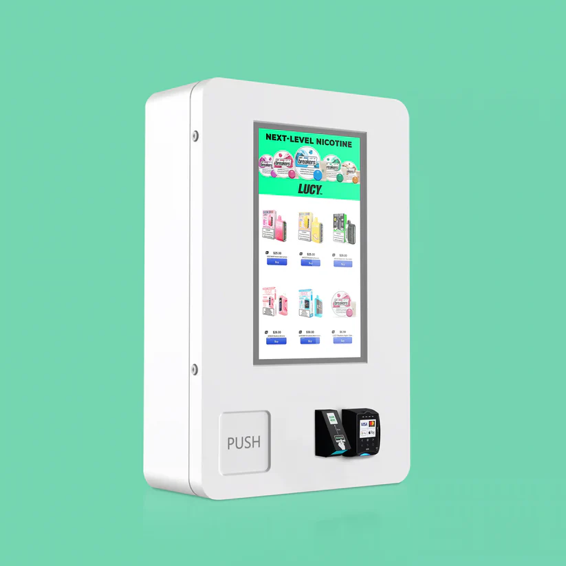 Mini TCG compact wall machine front angle touchscreen cabinet