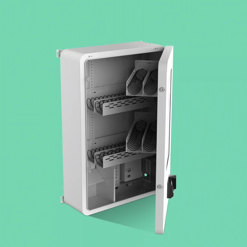 Mini TCG compact wall machine open cabinet shelf layout